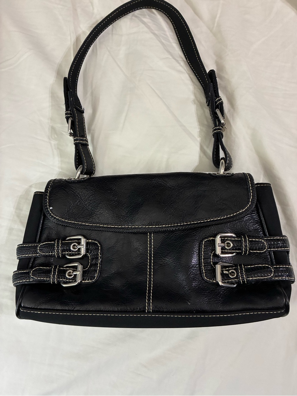 Franco Sarto Black Leatherette Buckle-Accent Satchel